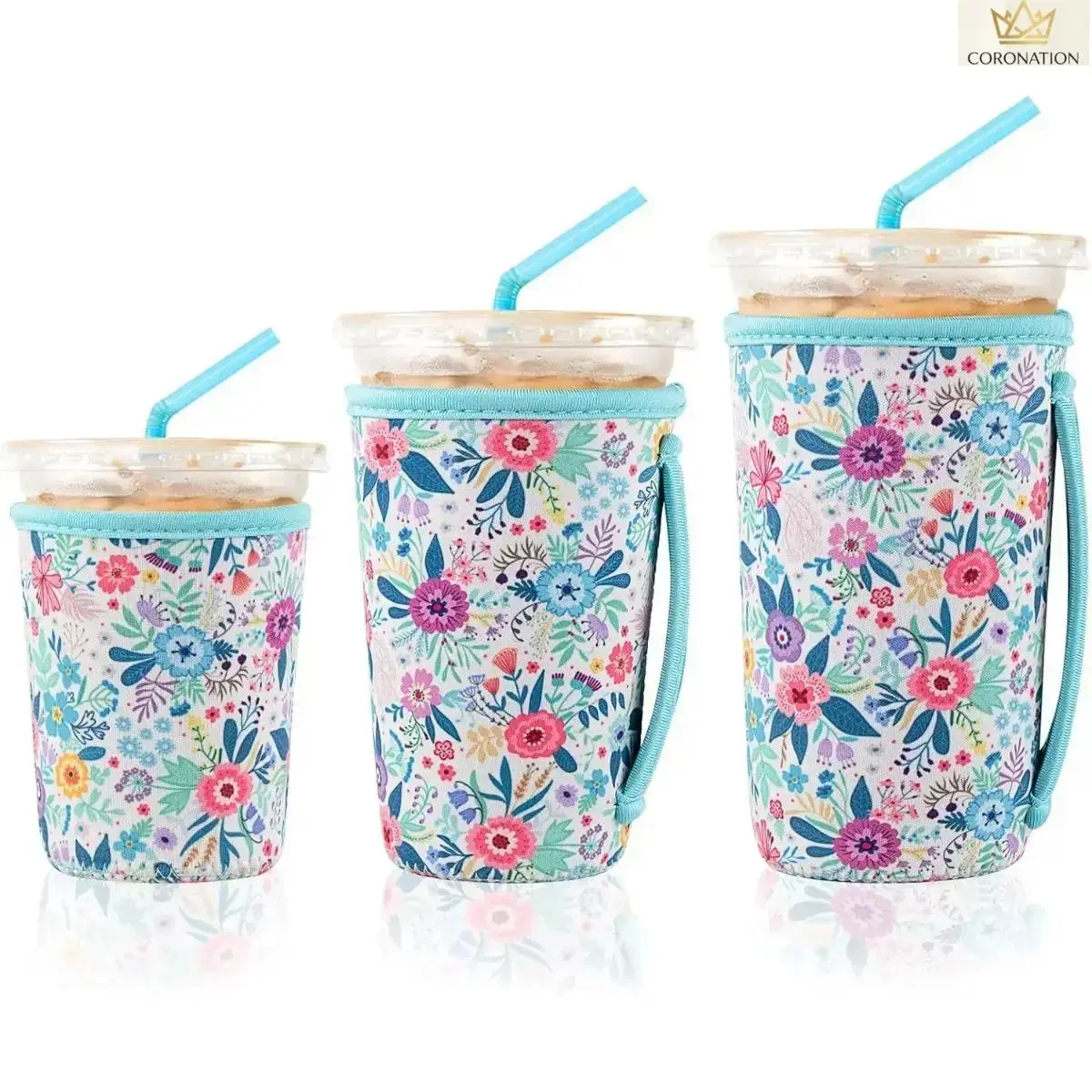 Reusable Neoprene Cup Sleeve 3 Pack, Insulated Coffee Cup Holder with Handle for Dunkin Cups, Small Medium Large Sizes, Washable Drink Sleeve Cover, Condensation Protector Keeps Hands Dry for Coffee Runs, Office, Travel & Daily Use