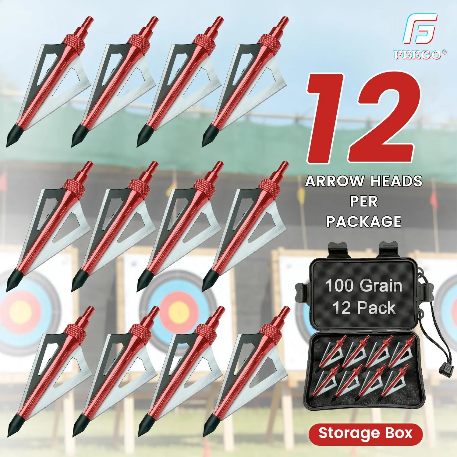 FEEGO 12PK 100 Grain Screw-in Hunting Broadheads 3 Blades Arrow Tips with Broadhead Storage Case for Crossbow & Compound Bow