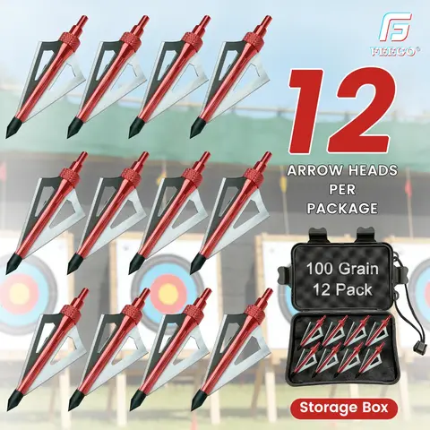 FEEGO 12PK 100 Grain Screw-in Hunting Broadheads 3 Blades Arrow Tips with Broadhead Storage Case for Crossbow & Compound Bow