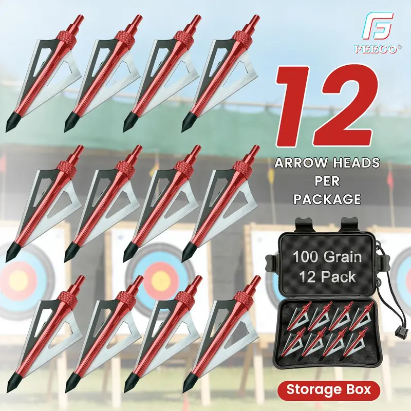 FEEGO 12PK 100 Grain Screw-in Hunting Broadheads 3 Blades Arrow Tips with Broadhead Storage Case for Crossbow & Compound Bow