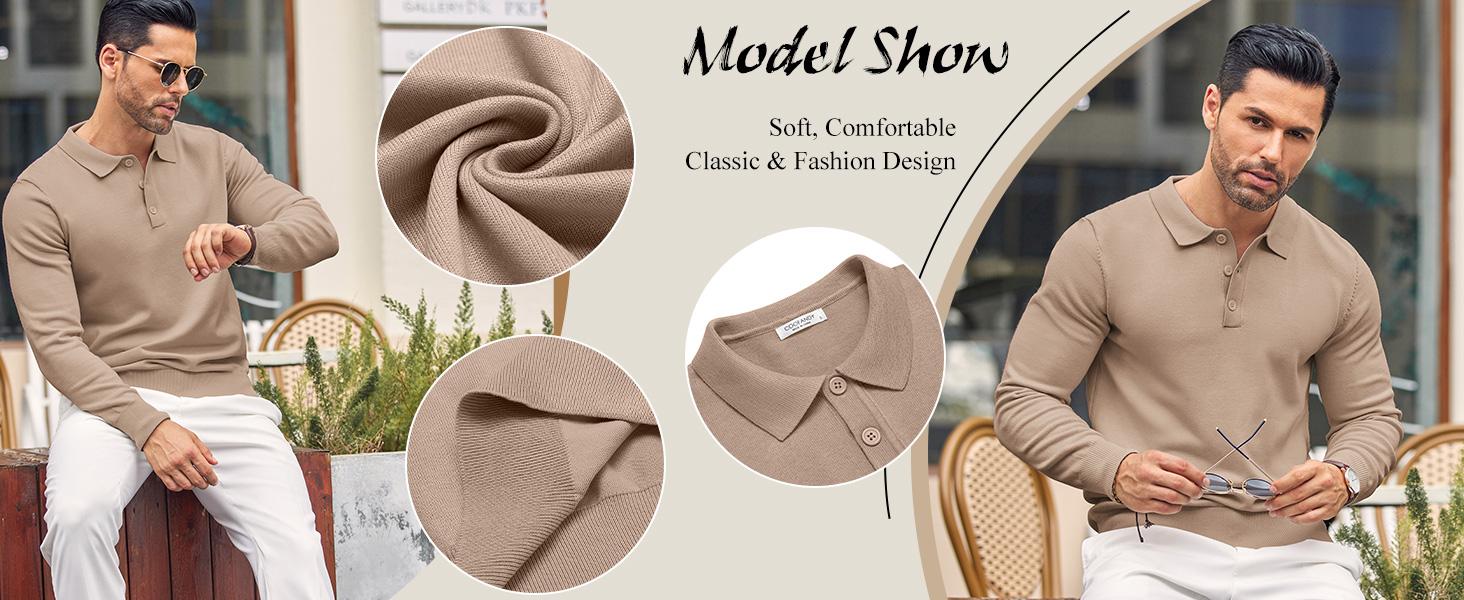 COOFANDY Mens Wool Knit Polo Shirts Casual Long Sleeve Classic Polo Shirts Button Down Golf Shirts Fathersdaygift Soft