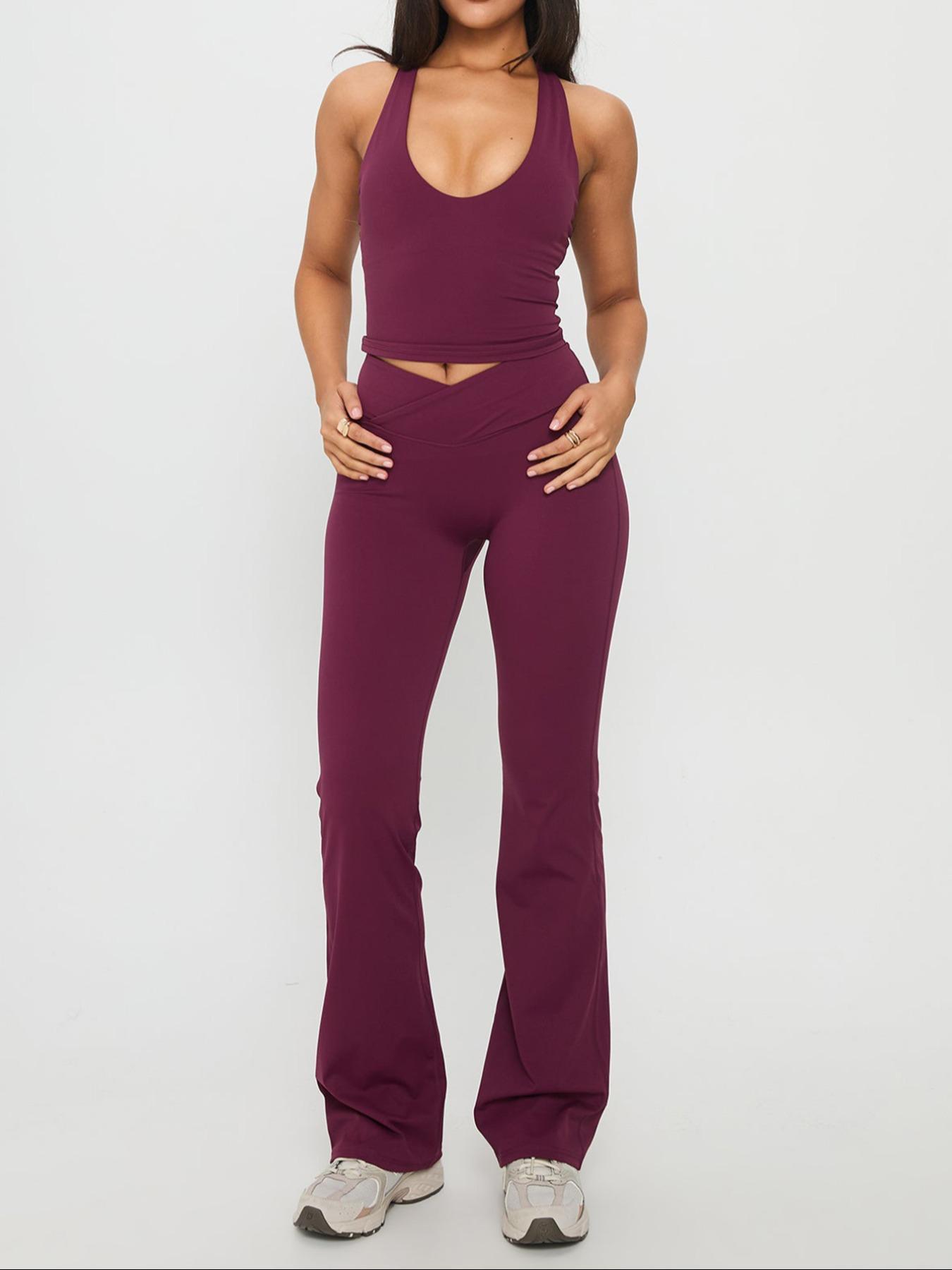 Pure Color Casual Sporty Slim Fit Crop Top and Bell Pants Set, High Waist Sleeveless H-Type, Athleisure Wear Set, Fall Fashion Two-Piece Set