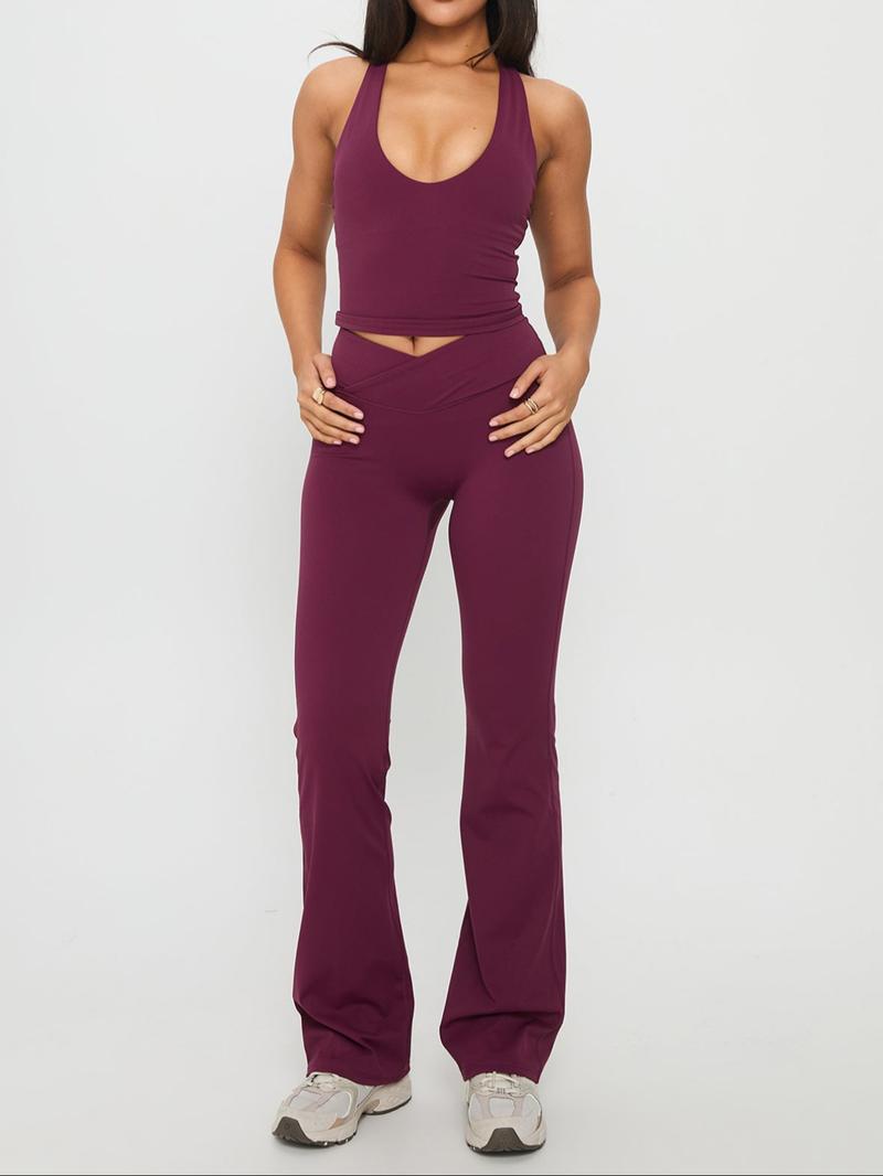 Pure Color Casual Sporty Slim Fit Crop Top and Bell Pants Set, High Waist Sleeveless H-Type, Athleisure Wear Set, Fall Fashion Two-Piece Set