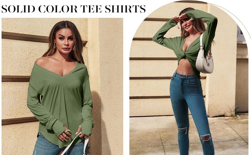 Renaishow Womens Deep V Neck Tunic Tops Long Sleeve Oversized Casual Loose Fit Curved Hem T Shirts with Thumb Holes Blouses Light Breathable Solid