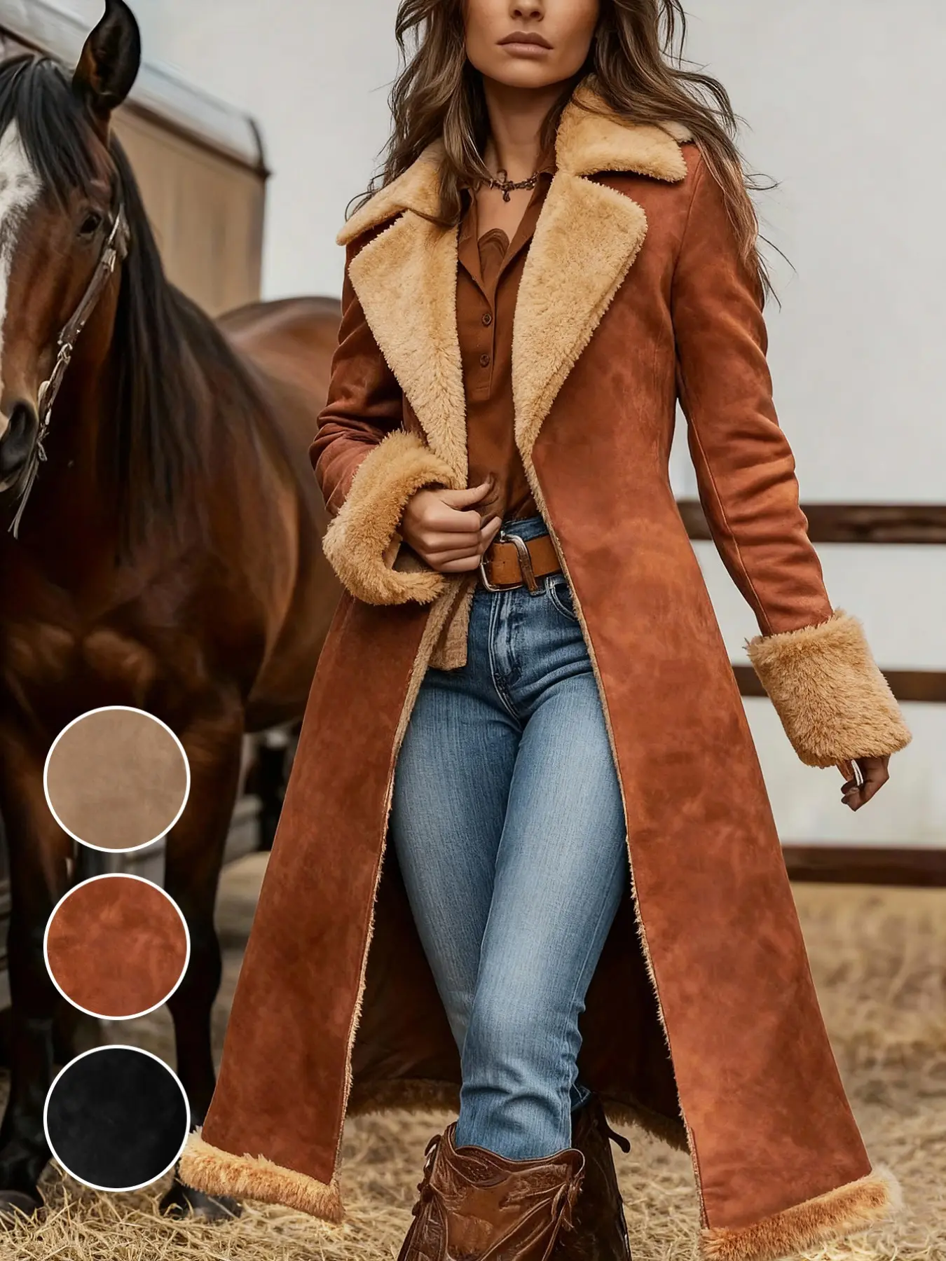 Women's Long Western-Style Faux Suede Overcoat, Fall Winter Roll Collar Plush Lining, Loose-Fit Warm Motorcycle Jacket