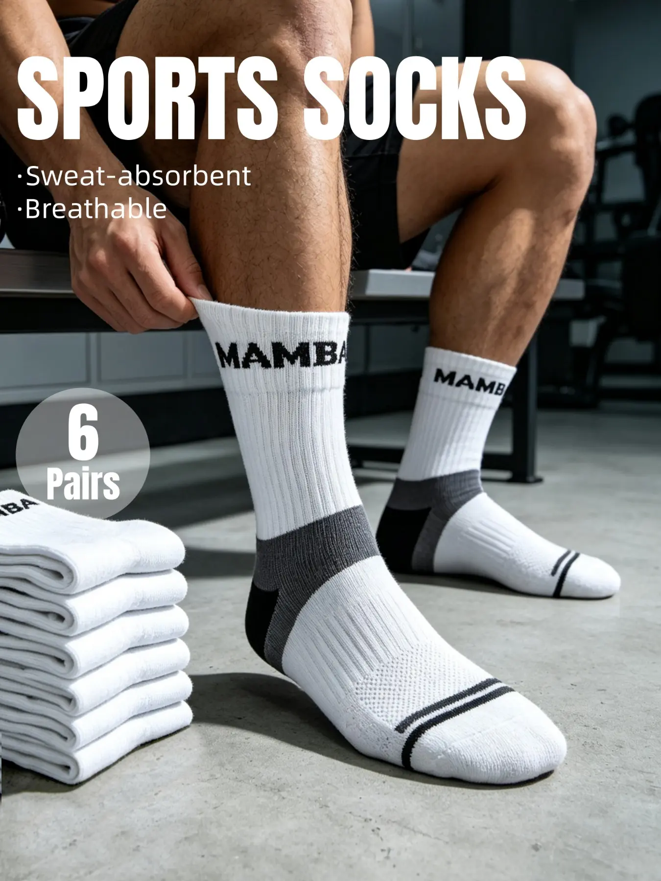 6 Pairs Men's Sport Mid-Calf Socks, Thickened Sole Cushioning, Reinforced Heel Toe, Seamless Head, Casual All-Seasons