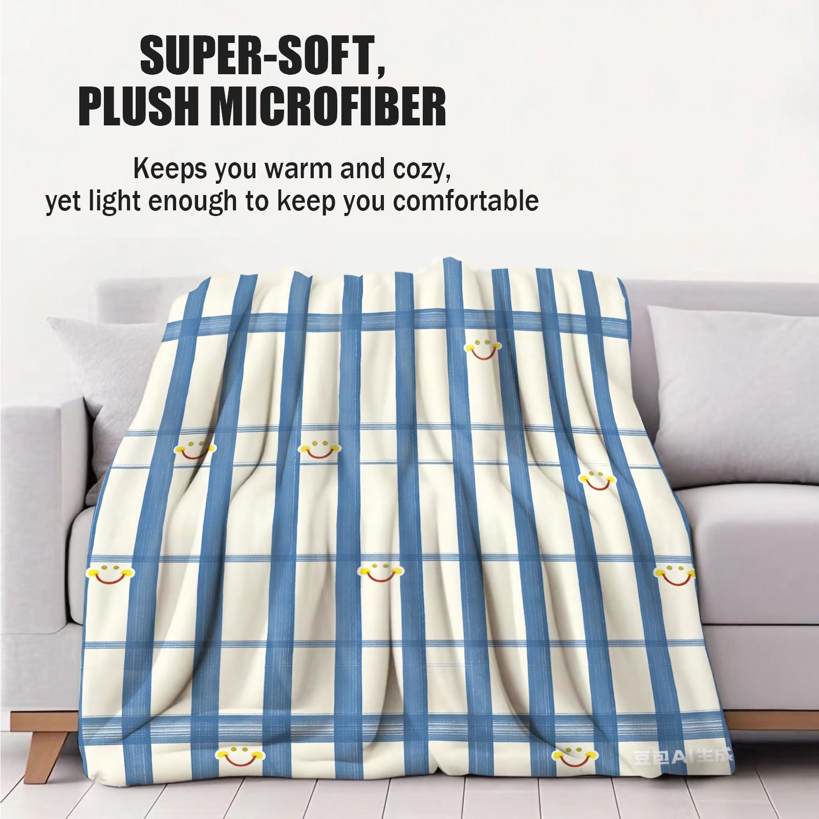 Smiley Grid Pattern Plush Blanket, Soft Warm Lightweight, Ideal for Bed Sofa Car Room Decor, Perfect Moving Holiday Gift