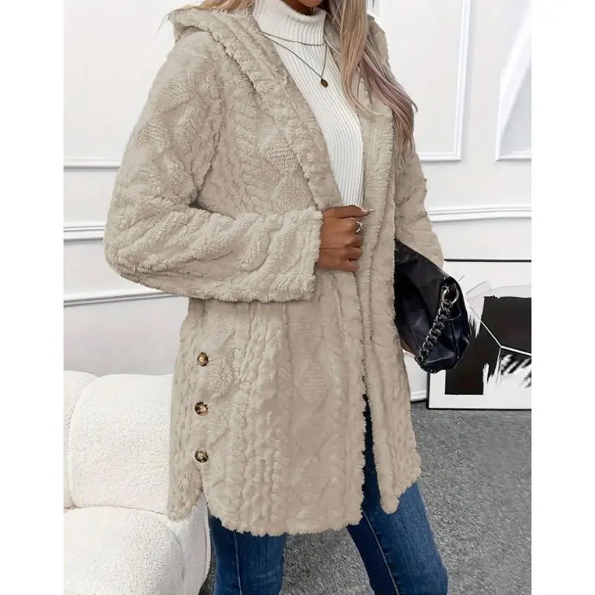 VVZ 2026 Women Fall Winter Fuzzy Hooded Button Cardigan, Oversized Long Sleeve Coat, Soft Warm Aesthetic Casual Outerwear, Loose Fit for Daily School Outfits