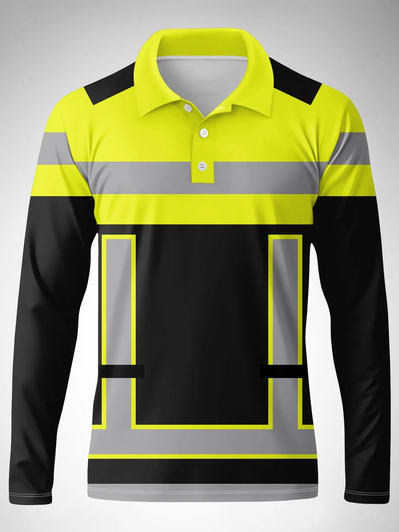 Men's Workwear Style Long Sleeve Polo Shirt, Geometric Print, Collar Three Button, Outdoor Construction Safety Wear, Collared Polo Shirt, Versatile and Eye-Catching