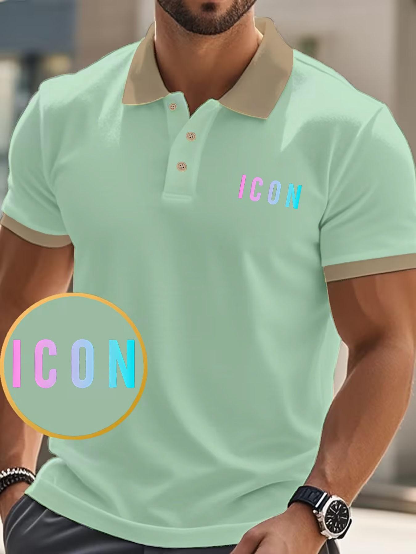 Trendy Versatile Golf Shirt, Summer Men's Retro Icon Logo Polo, Collar Button Casual Top, Short Sleeve Slim Fit, Spring & Fall