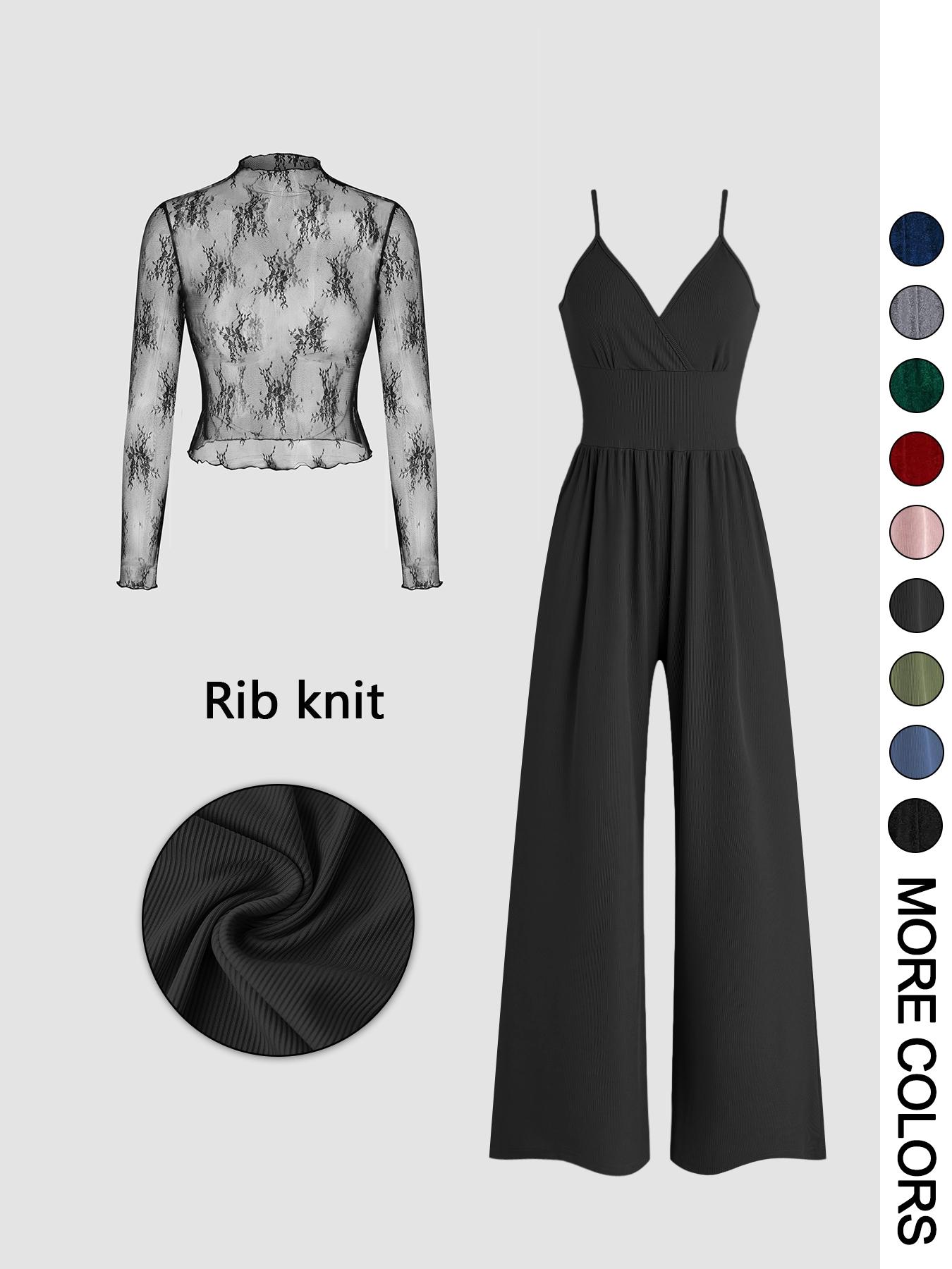 Valentine's Day Women's Solid Color Knitted Lace Tee & High Waist Pocket Jumpsuit Two-piece Set, Elegant Fashion Casual Fitted Zipper Back Cami Jumpsuit & Long Sleeve Top for Daily Outdoor Wear, Women's Clothing for Spring & Fall