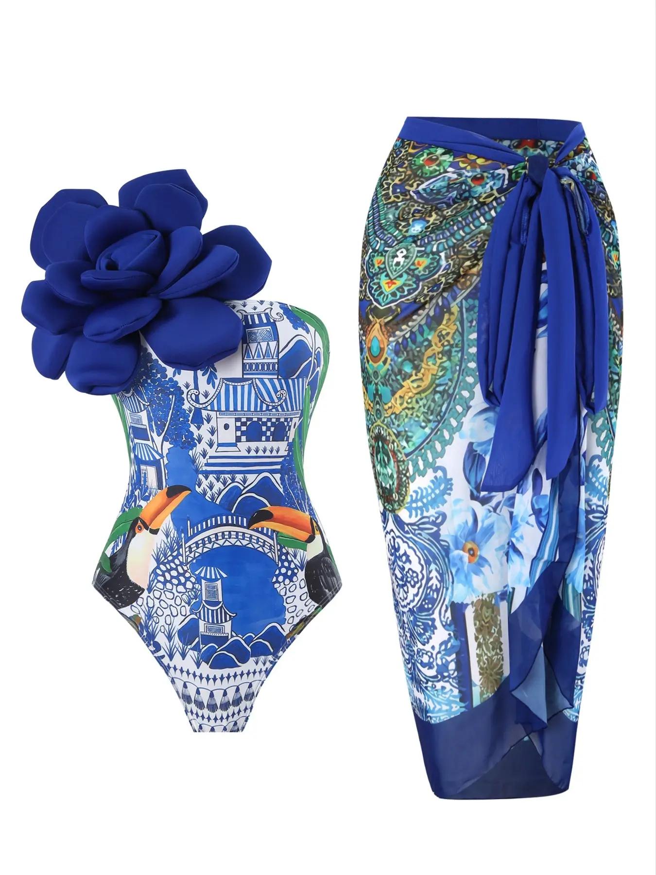 Two Counts Women's Tropical Print Flower Decor One-piece Swimsuit & Cover Up Skirt Set for Spring, Summer Clothes Women One Shoulder Beach Swimsuit & Knot Wrap Skirt Set, Tummy Control Swimswear, Girly Clothes