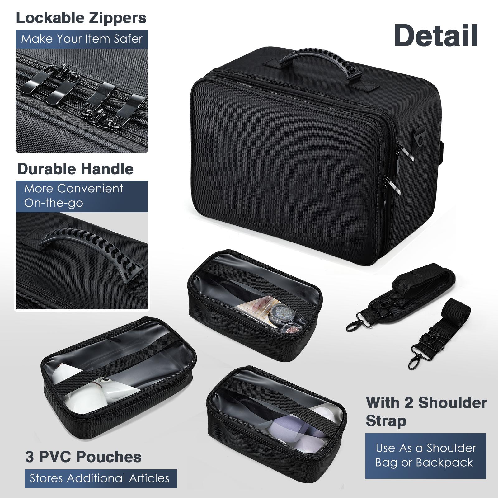 3 Layers Extra Large Makeup Case with Mirror 3 Clear Bags Shoulder Strap Trolley Sleeve Travel Train Case Professional Makeup Box Nail Organizer Salon Barber Suitcase