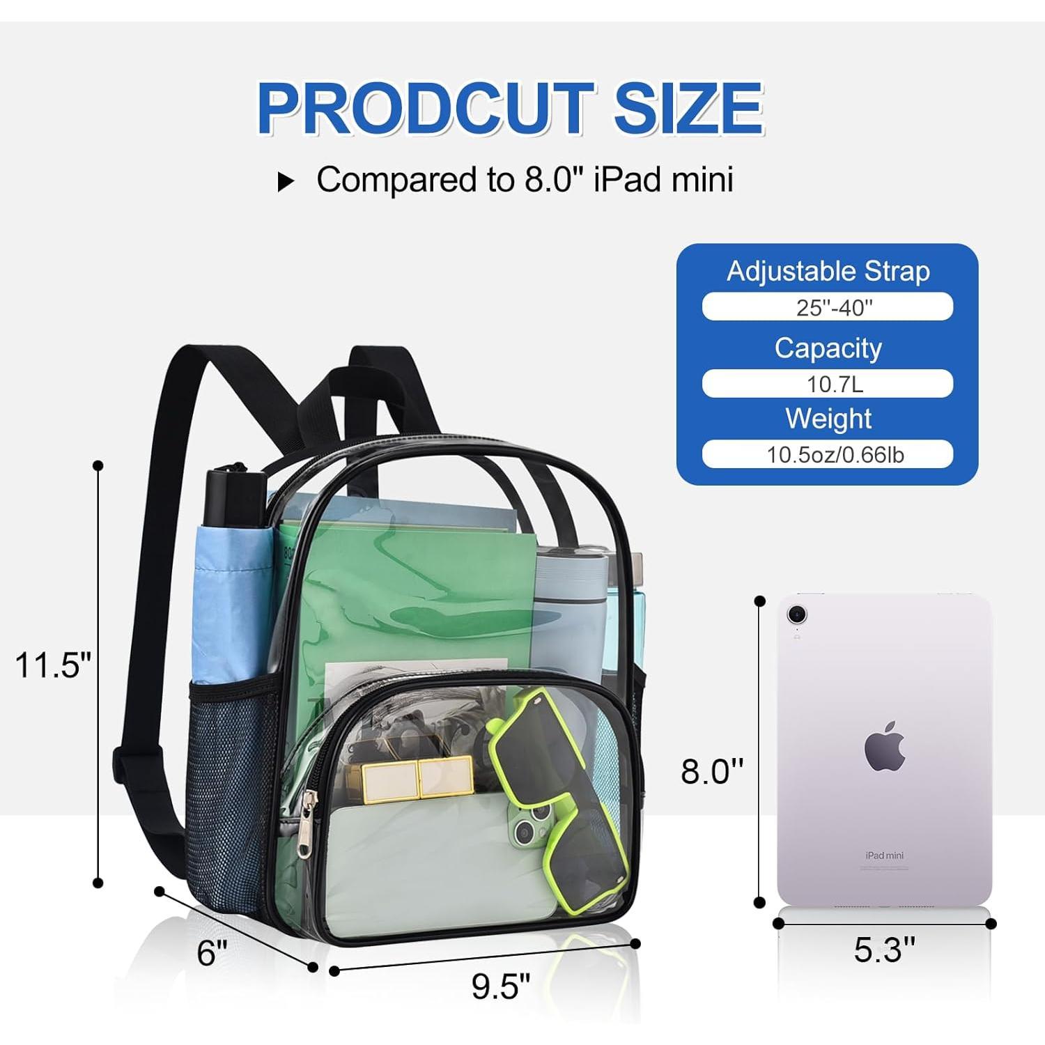 Clear Backpack for Stadium Events Small Clear Bag with Front Pocket 9.5" x 6"x 11.5"  Stadium Backpack Women Fashion Backpack for Concert  Travel, Black