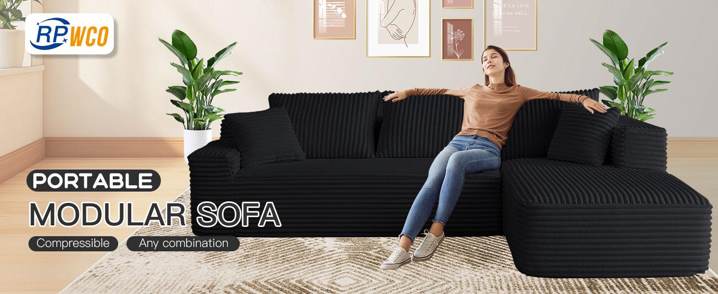 【2Package Delivery】 Avenix 106" Boneless Sectional Couch -Modular Sofa for Living Room ️, Soft Corduroy Fabric with Deep Seat Design, Cloud Sectional Couches for Living Room Bedroom, Living Room Furniture, Sofas Para Sala  - No Assembly Sofa Bed Couch