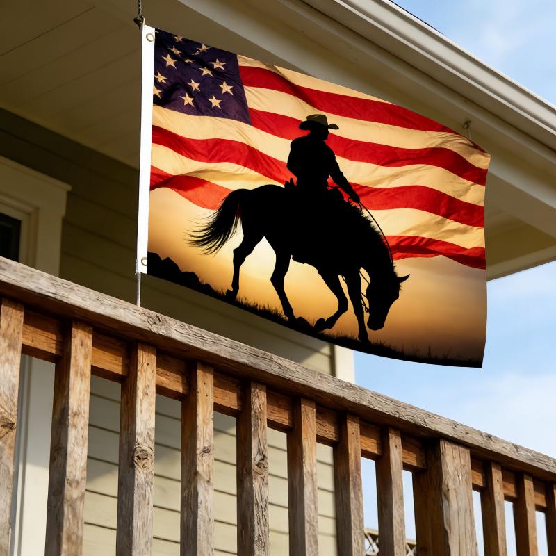 3x5 Ft American Flag Cowboy Horse Silhouette Flag, Western Rodeo Patriotic Outdoor Banner, Fade‑Resistant Vintage Sunset Cowboy Yard Flag for Ranch & Western Home Decor