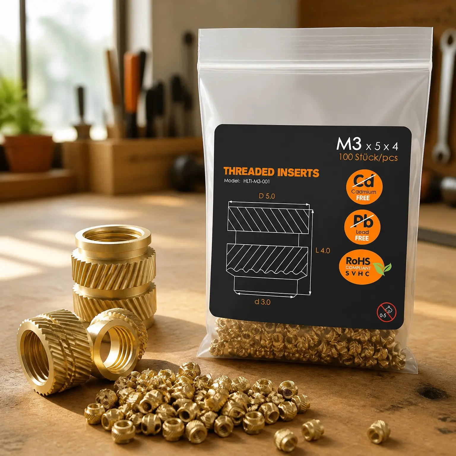 Heat-Set Threaded Inserts, M3 Brass Metric Knurled Nuts for 3D Printing Components and Plastic Parts (100 Pieces)