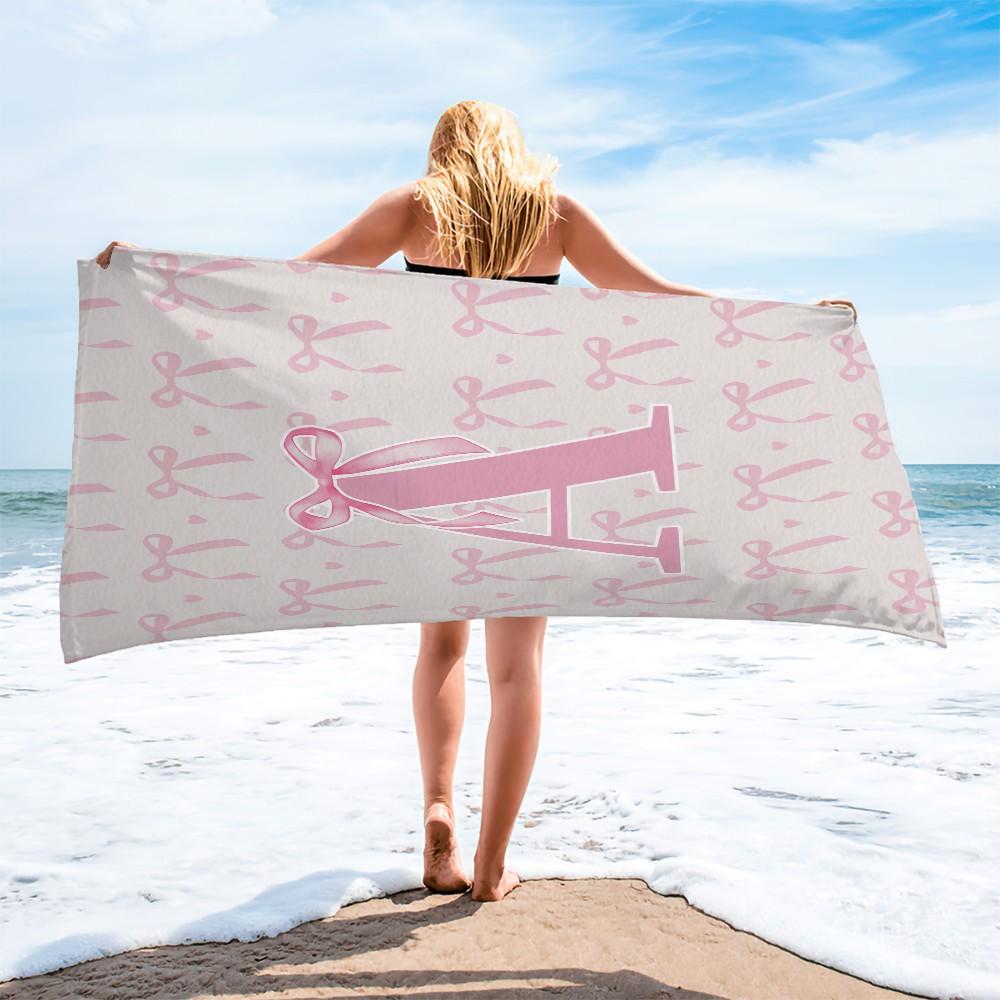 Pink Romantic Ballet Bow Alphabet Sand-Free Beach Towel, for Beach, SPA, Hot Spring, Picnic, Camping, Fitness & Yoga, Water Absorbent, Quick-Dry & Portable, Ideal Housewarming Birthday Christmas Gift