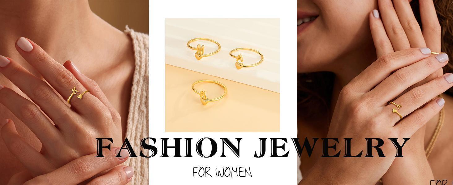 Gold Initial Rings for Women Non Tarnish 18K Gold Plated Heart Initial Stackable Rings Adjustable Pinky Rings for Women Cute Dainty Alphabet Capital Letter Rings Jewerly Gift, Ring Stack, Cute Rings
