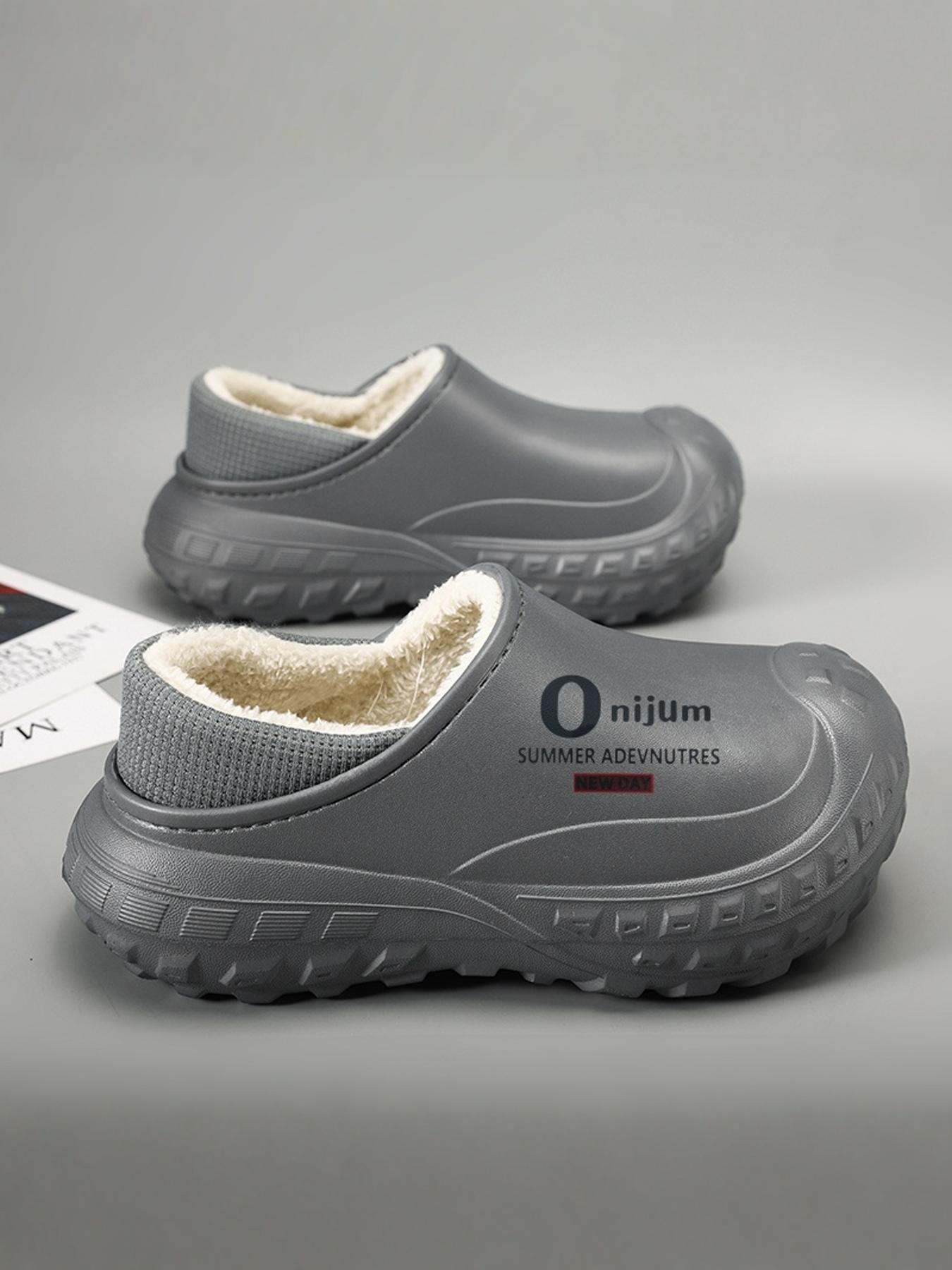 Men's Letter Pattern Waterproof Plush Lining Slippers, Casual Comfortable Home Slippers, Warm Slippers for Indoor & Outdoor Use for Fall & Winter, Lined Slippers