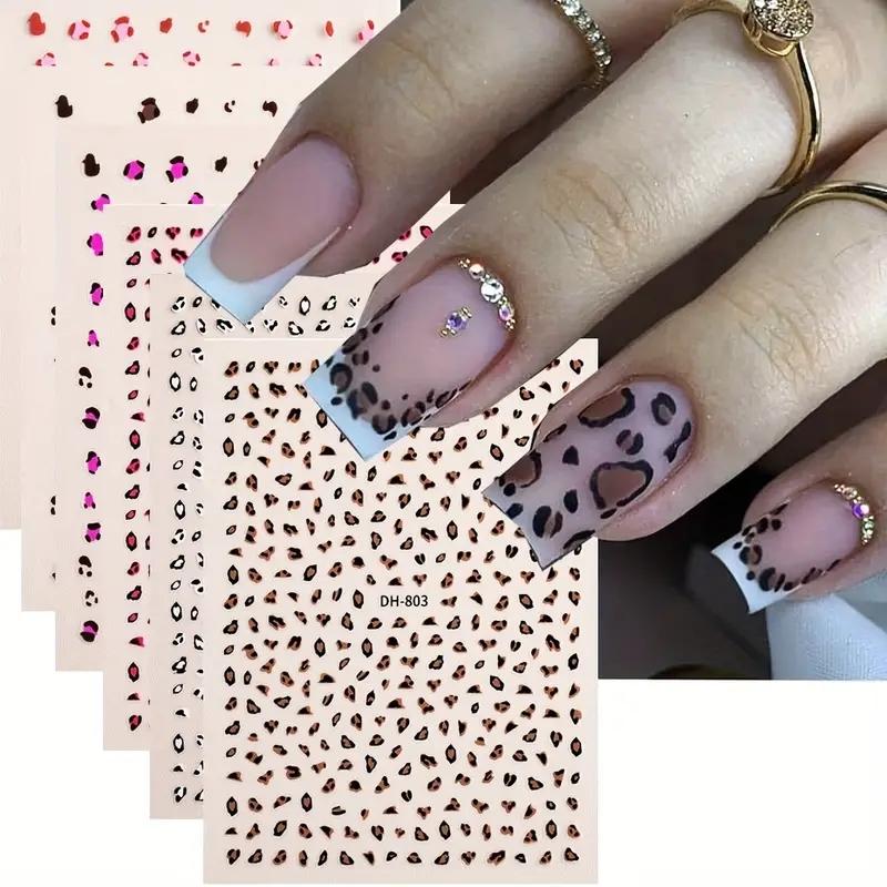 6 Sheets Leopard Print Nail Art Stickers, Animal Designs, DIY Manicure, Autumn Winter French Glitter Nails