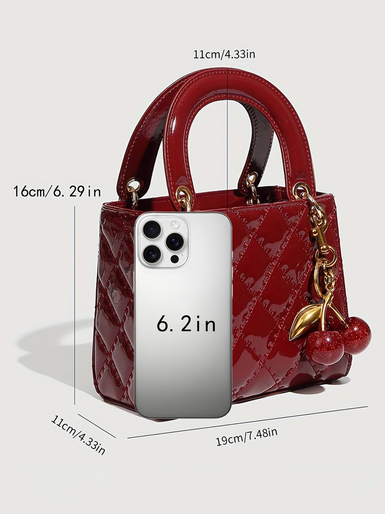 Valentine's Day gift, classic glossy diamond patterned handbag, vintage wine red patent leather handbag crossbody bag, paired with exquisite cherry pendant, fashionable and multifunctional, niche daily commuting, shopping, dating, etc, Elegant Bags