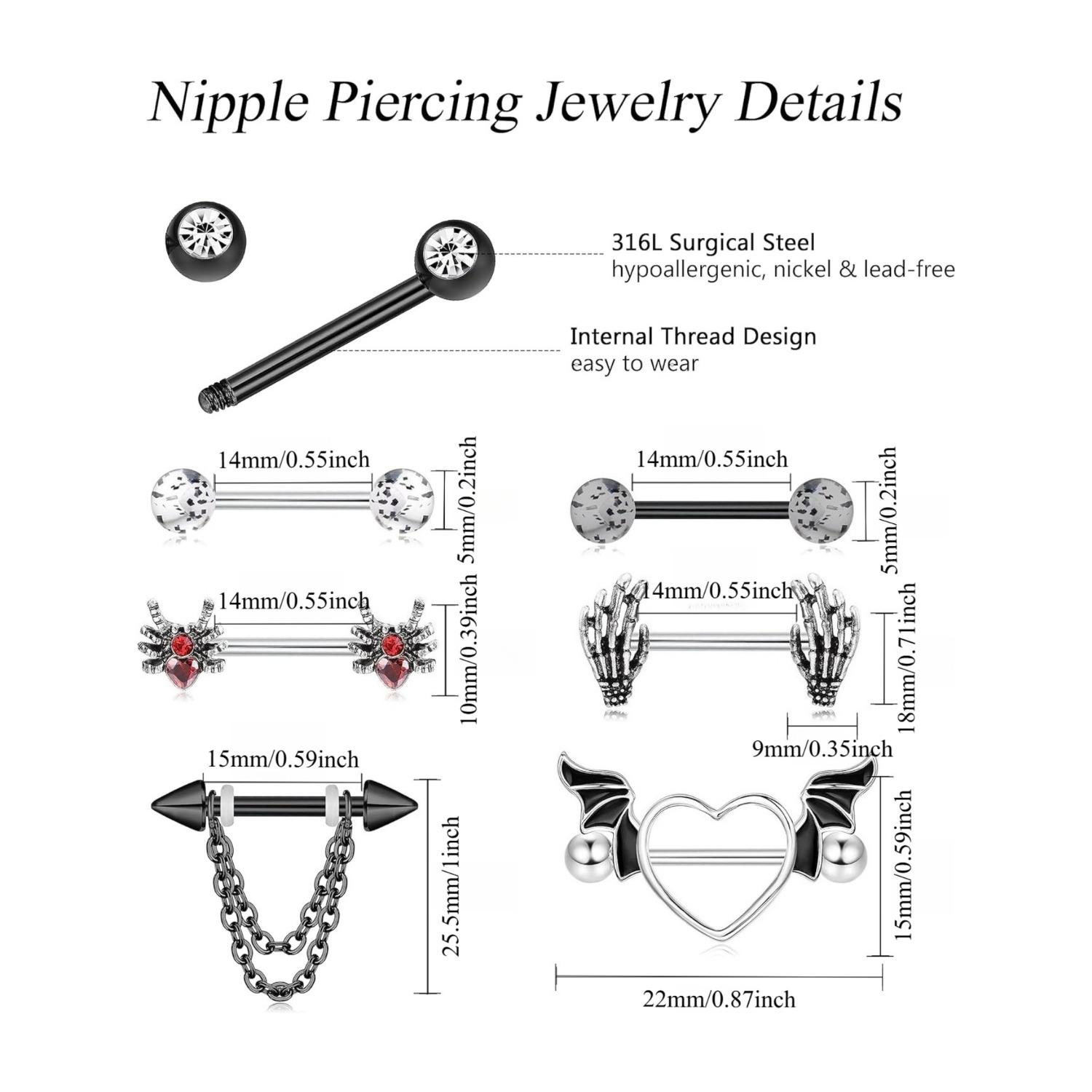 7 Pairs 14G Nipple Rings 316L Surgical Steel Nipple Piercing CZ Heart Butterfly Barbell Tongue Rings Set Cute Nipple Tongue Piercing Jewelry for Women Body Jewellery