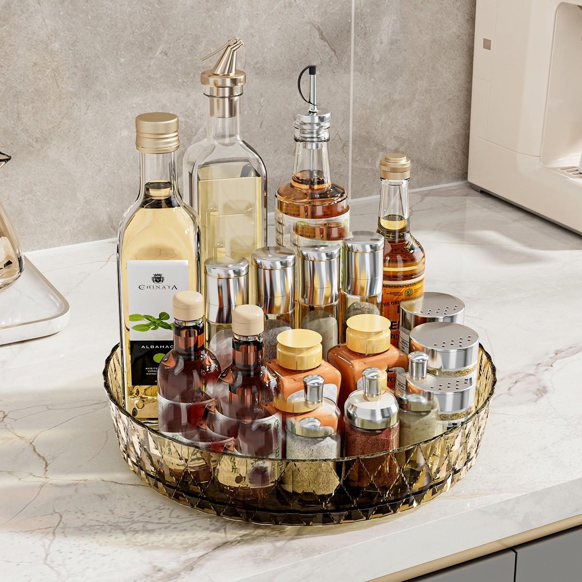 360° Rotating Kitchen and Bathroom Storage Organizer, Universal Plastic Tray for Spices and Condiments, Durable Design, Multi-Purpose Use