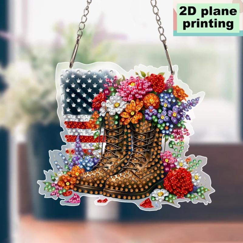 2D Acrylic DIY Diamond Painting Kit, Boot and Floral Design, American Flag, Irregular Diamonds, Home Decor, Perfect Gift