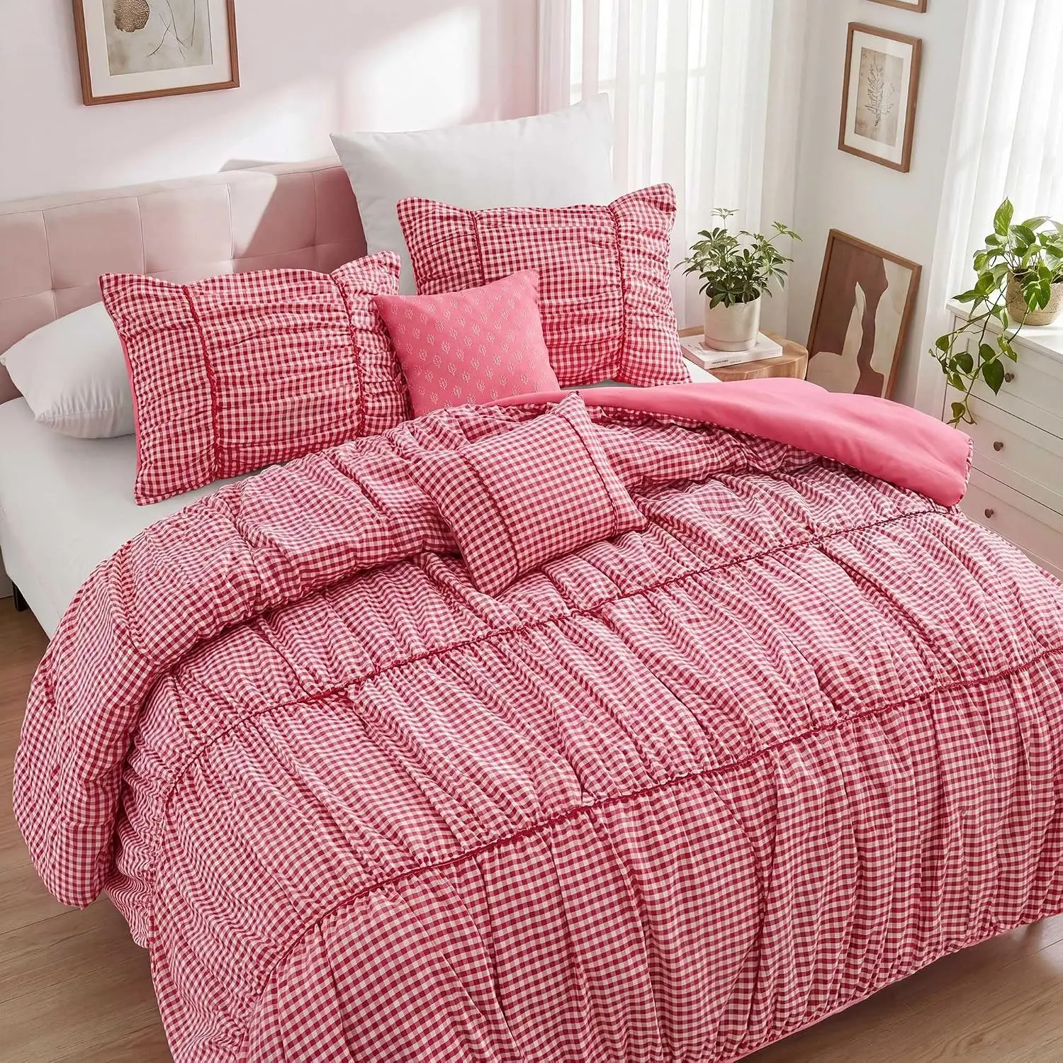 Gingham Queen Size Comforter Set, Pleated Bedding Set with Double-Sided Design, Lightweight & Soft 5pc Bed Set Includes Comforter, Shams, Dec Pillows, Red/White Plaid