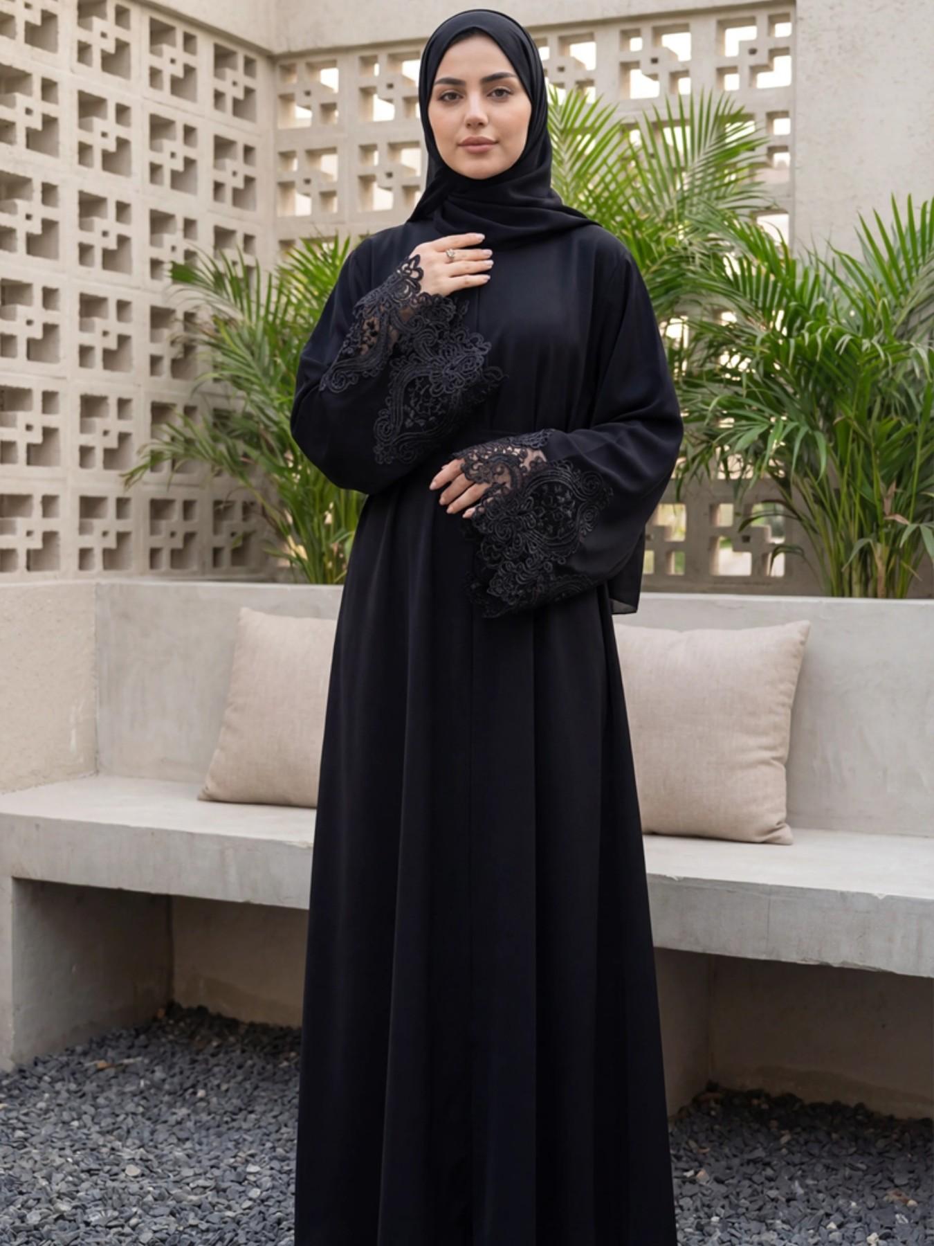 Elegant Hand Embroidered Lace Modesty Belted Abaya Dress, Simple Fashionable One-Piece for Daily Wear, Casual Prayer