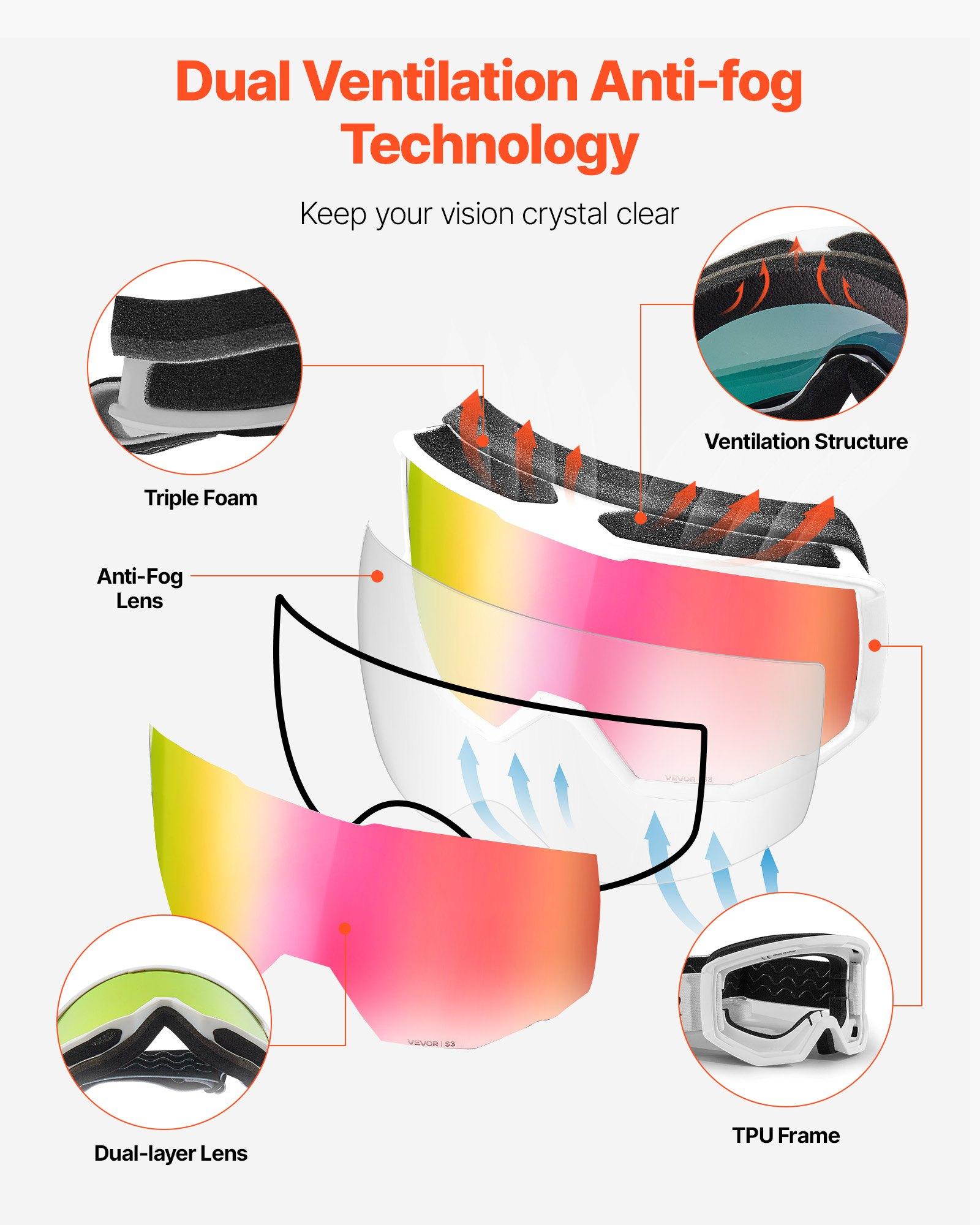fathersdaygift  VEVOR Ski Goggles, Cylindrical Lens with Pink Revo Coating, OTG Anti fog Snow Goggles for Men Women Youth, TPU Frame Ventilation Structure, Suitable for Skiing, Skating, Snowboarding, Cycling