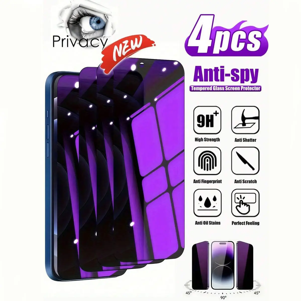 4pcs Purple Light Anti-Peep Cellphone Glass Screen Protector, Anti-Blue Light Privacy Protection, Compatible with iPhone DUO 18Promax Models