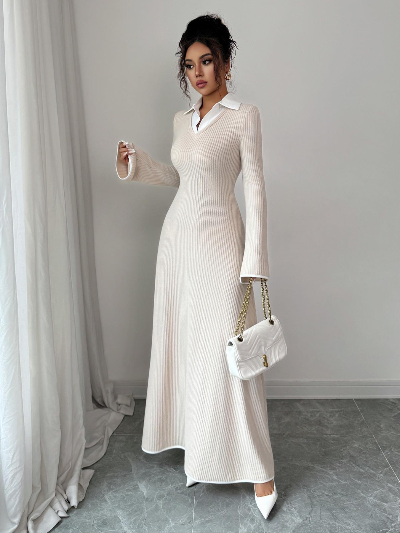 Fashion Elegant Shirt Collar Waist Cinched Long Sleeve Dress, Fitted Plain Design for Fall & Winter, Women's Stylish Clothing, Minimalist