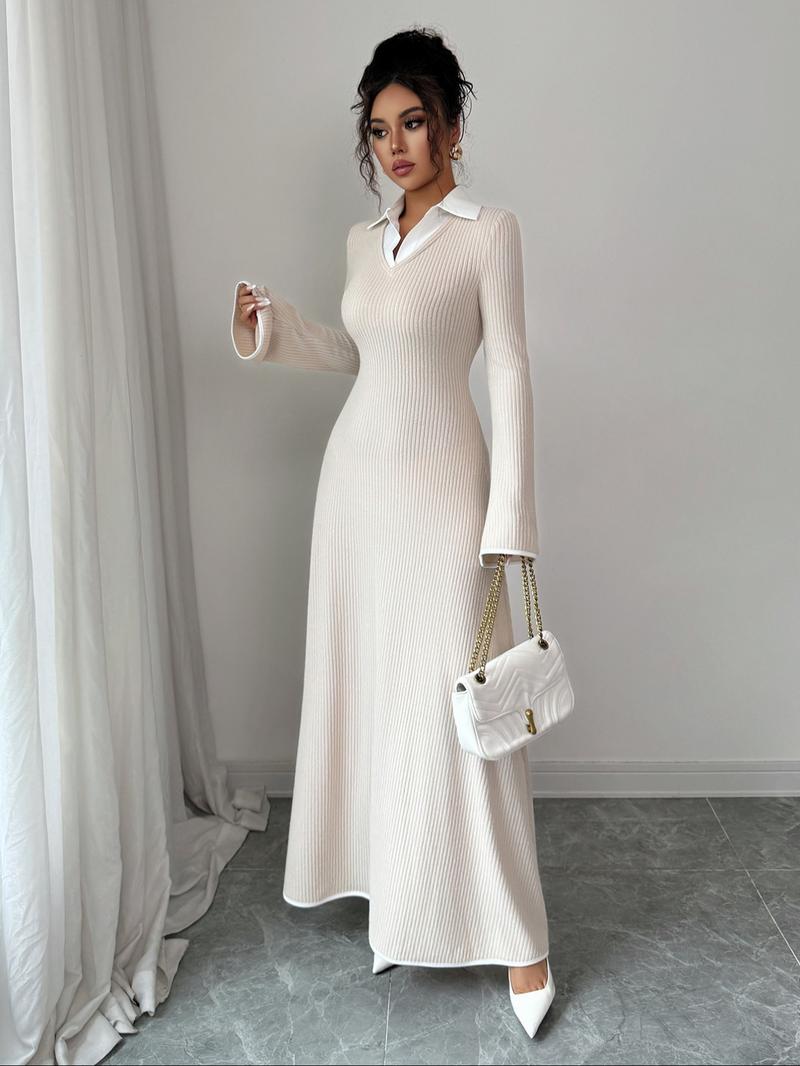 Fashion Elegant Shirt Collar Waist Cinched Long Sleeve Dress, Fitted Plain Design for Fall & Winter, Women's Stylish Clothing