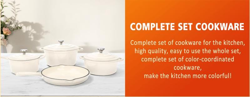 Elf Grill 7-Pc Enameled Cast Iron Set - 2 Dutch Ovens, Skillet & Pan with 3 Lids, Ceramic Nonstick, PFOA-Free, Gas/Induction/Oven Safe to 500°F, Cream White for Baking & Casseroles, Modern Kitchenware - Pots