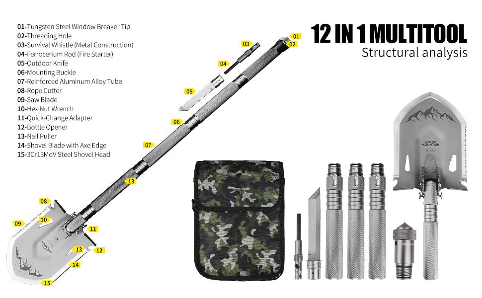 Wetactics MT-20 14-in-1 Folding Shovel – Outdoor Camping, Car, Off-Road, Home & Garden Tool with Adjustable Head, Knife, Fire Starter, Whistle, Glass Breaker, Bottle Opener & Nylon Pouch