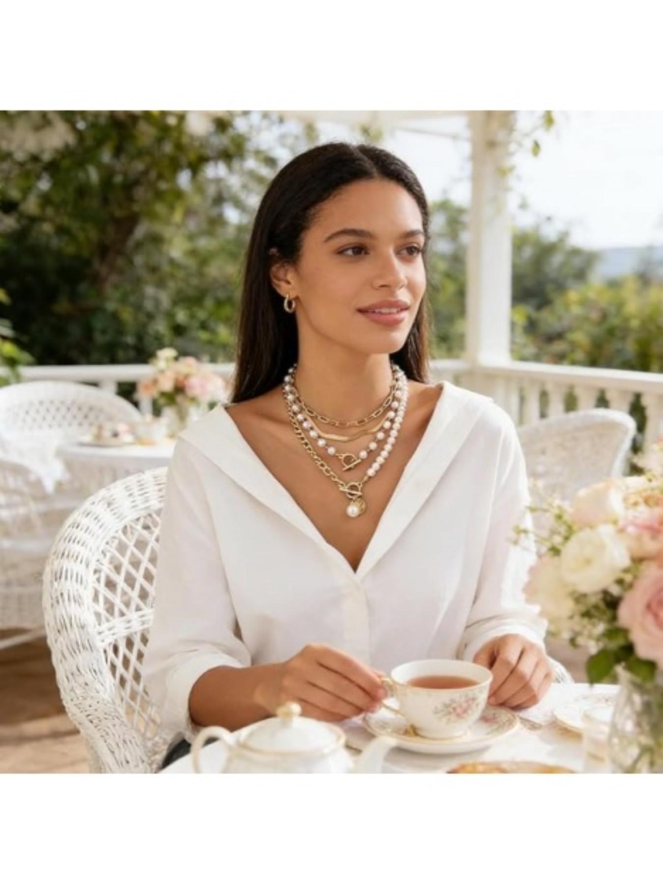 4-Piece Women's Fashion Adjustable Multi-Layer Pearl Stack Necklace Set, Charming Multi-Layer Chain Necklaces, Beach Jewelry