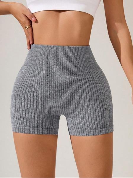 Women's Solid Ribbed Sports Shorts, High Stretch Shorts, High Waist Tummy Control Butt Lift Training Shorts, Ladies Sportswear for Indoor Outdoor Wear