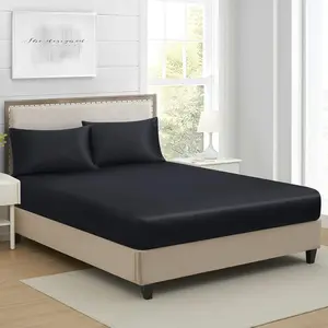Twin Silk Fitted Sheet, Soft Deep Single Bottom Bed Sheets Sold Separately, Wrinkle Free, Non- Fading, Breathable, Fully Elasticized(Twin Size, Black)