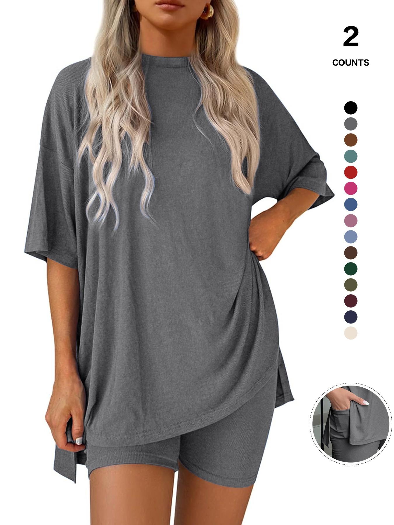 Cozy Mama Lounge Set, Women's 2-Piece, Crew Neck Oversized T-Shirts, Comfortable Home Wear, Perfect for Relaxing at Home
