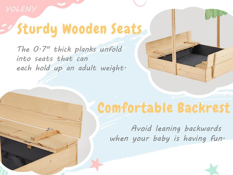 Sandbox with Lid, Kids Sandbox with Cover and Height Adjustable Roof, Outdoor Sandbox with Foldable Bench Seats and Sand Protection Liner for Aged 3-8, Perfect for Backyard Fun , Beach, Lawn Wooden Playtime