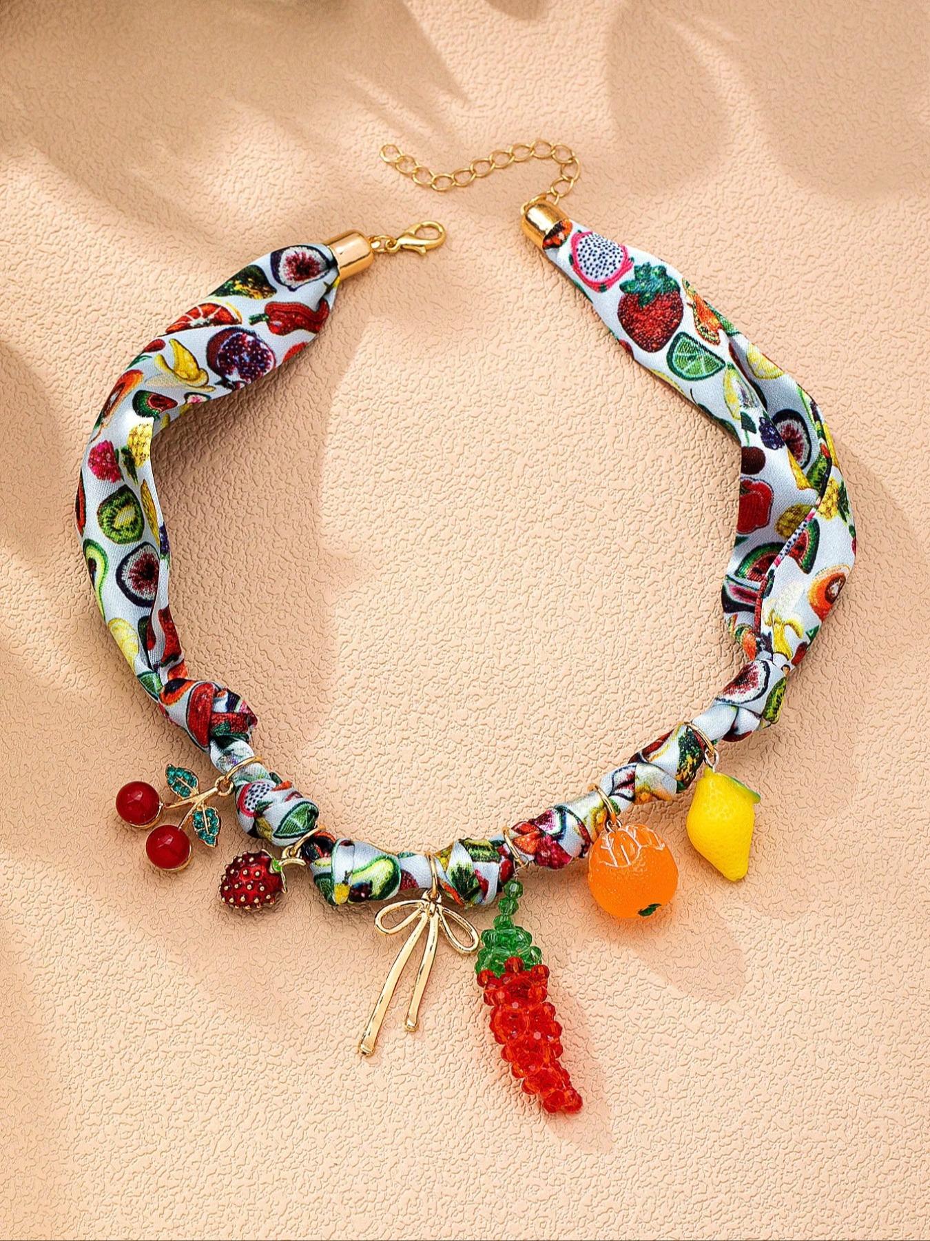 Boho Tropical Fruit Pendant Necklace, Summer Boho Scarf Necklace with Lemon Chili Cherry Pendants, Casual Women's Jewelry Accessory