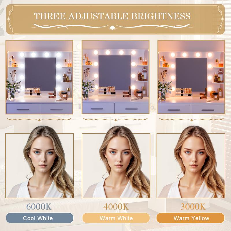 FURMAX Makeup Vanity Set with Lighted Mirror, Makeup Vanity with 2 Drawers, Vanity Desk with Chair for Bedroom & Dressing Room FURMAX Makeup Vanity Set with Lighted Mirror, Makeup Vanity with 2 Drawers, Vanity Desk with Chair for Bedroom & Dressing Room