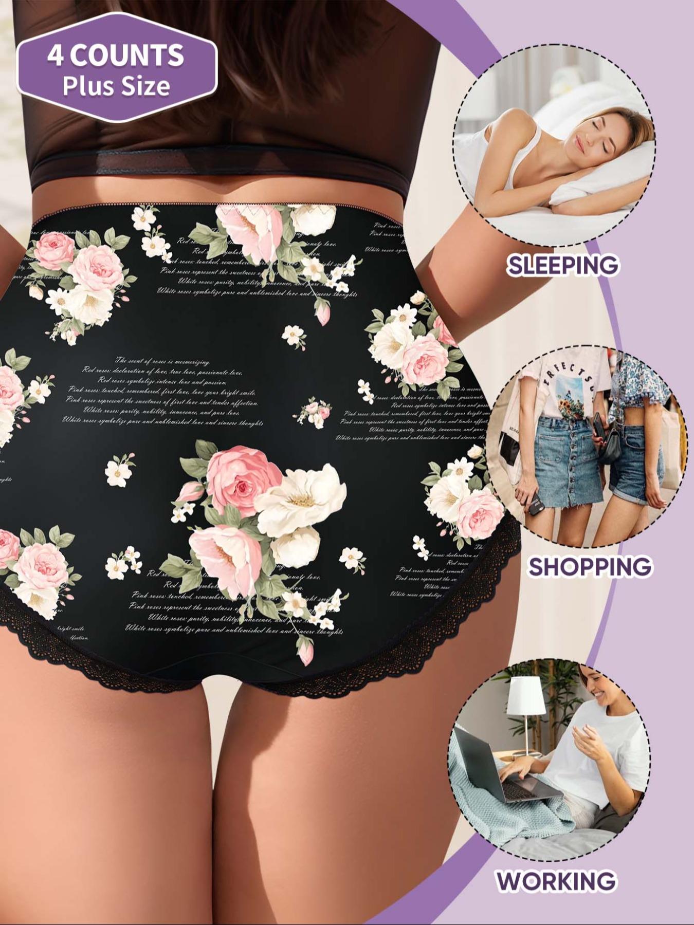 【Plus Size】 Floral Print Panty, Breathable Comfy High Waist Knicker for Daily Wear, Women's Underwear for All Seasons