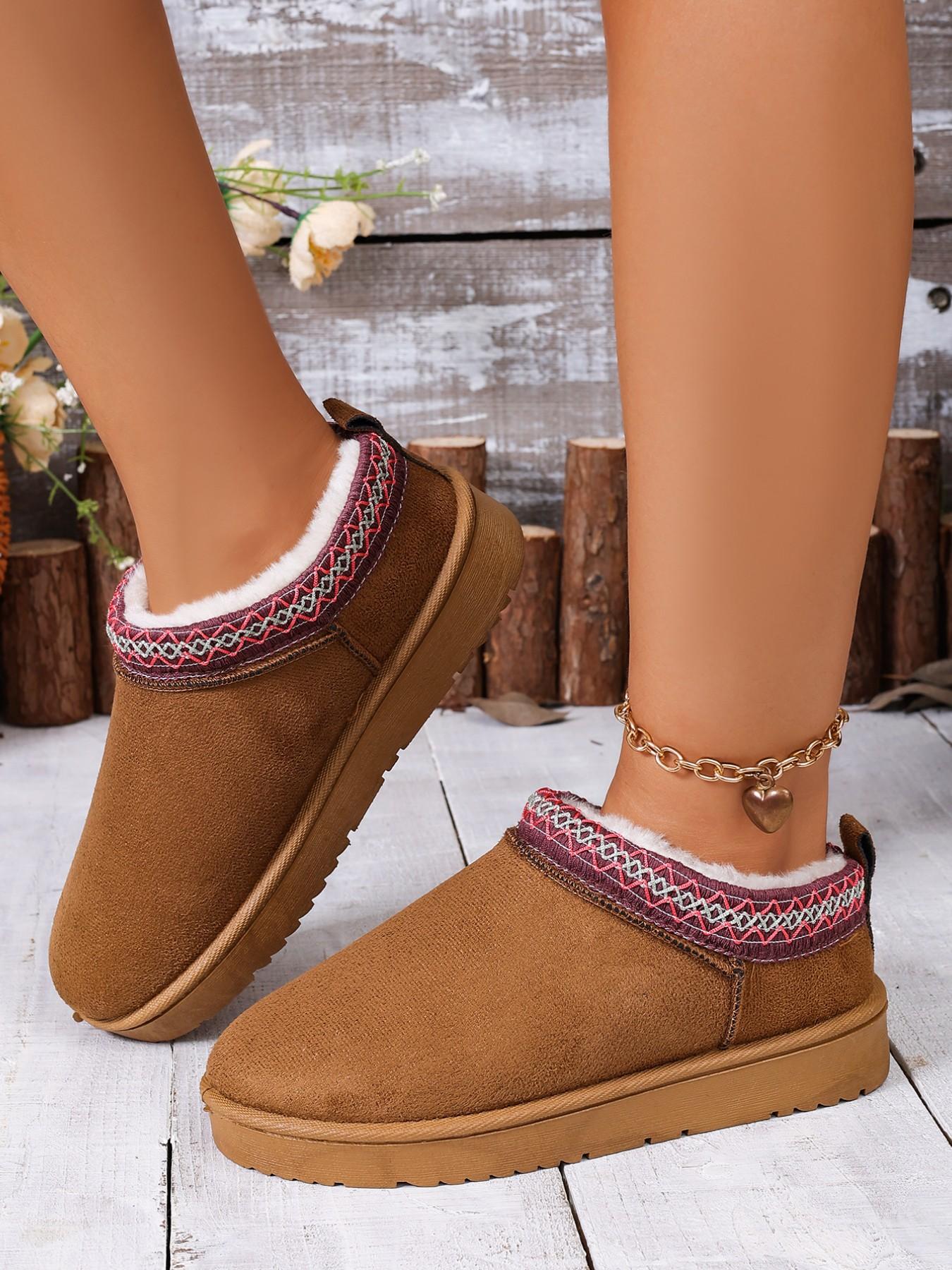 Women's Ethnic Geometric Embroidery Slip On Low Ankle Winter Mule Booties, Thick Fuzzy Fleece Lined Non-Slip Flat Warm Slipper Round Toe Boots with Pull Tab for Cold Weather Indoor Outdoor Daily Walking