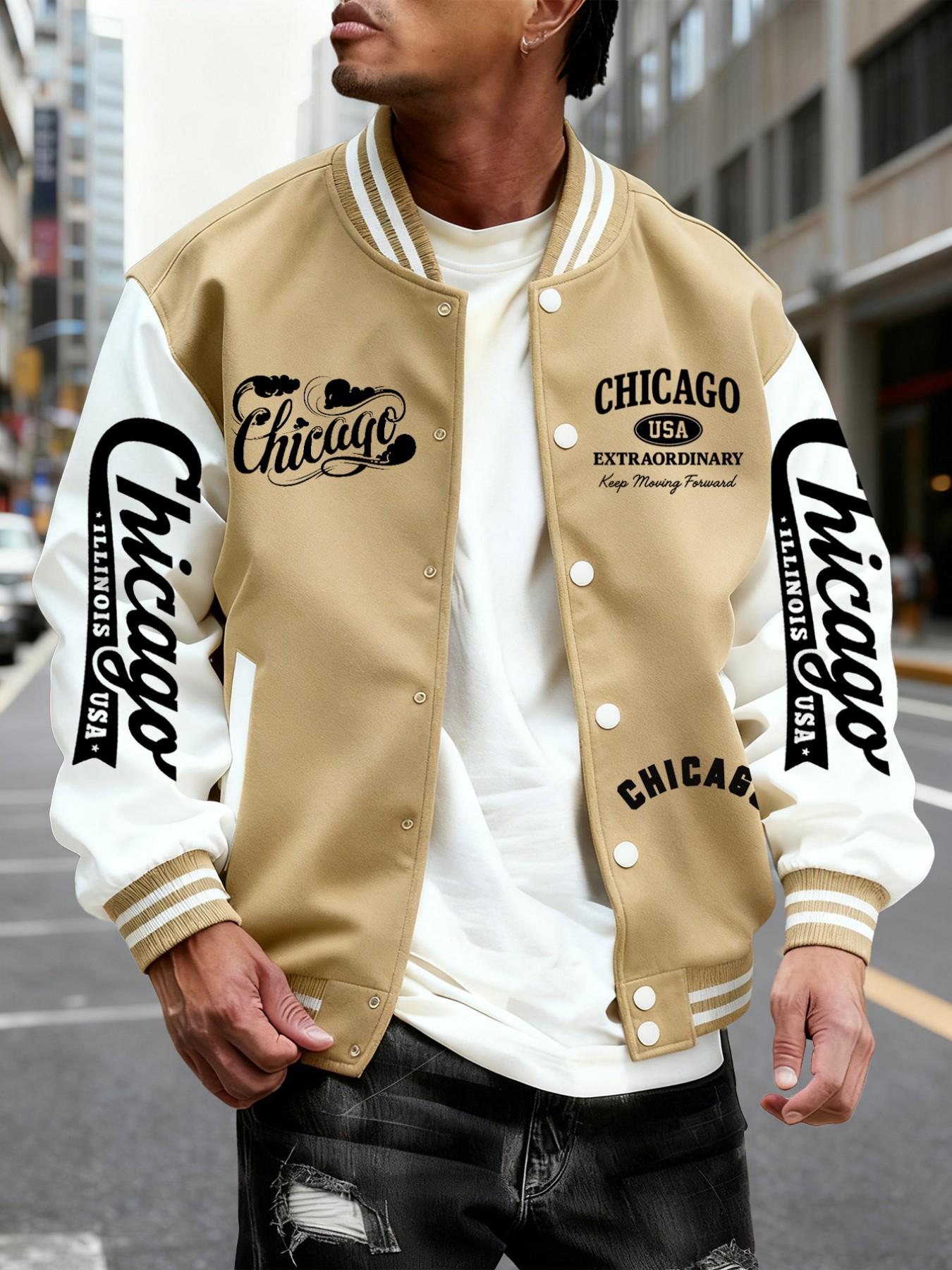 Men's Baseball Jacket, Chicago Style Geometric Pattern, Colorblock Sleeves, Button Closure, Stretchy Fabric, All Season Outerwear
