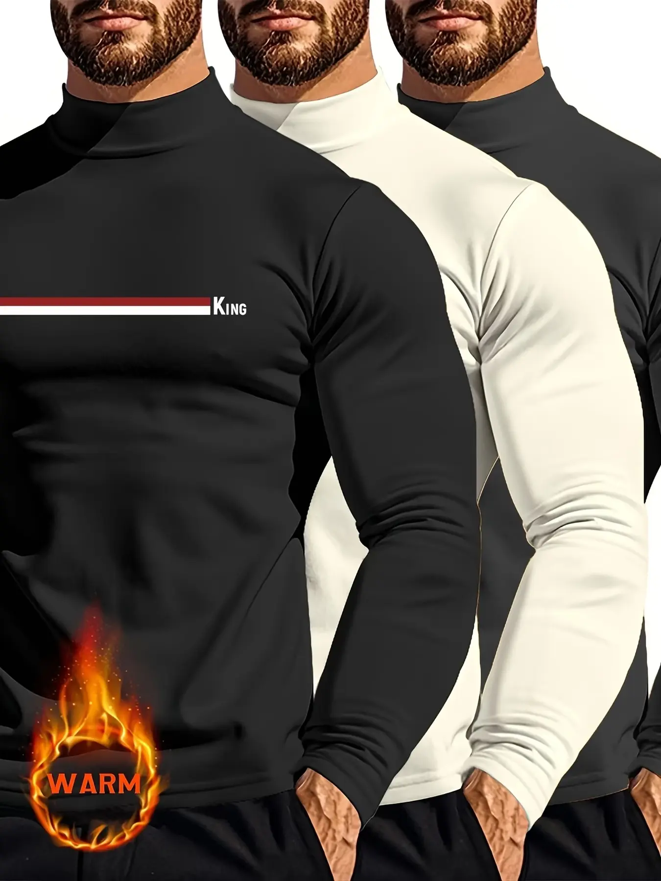 3-Pack Men's Stretchy Thermal Tops, Mixed Colors, Brushed Fleece Snug-Fit Cozy Long Sleeve Shirts, Warm Winter Base Layer Tees for Outdoor Sports & Daily Wear