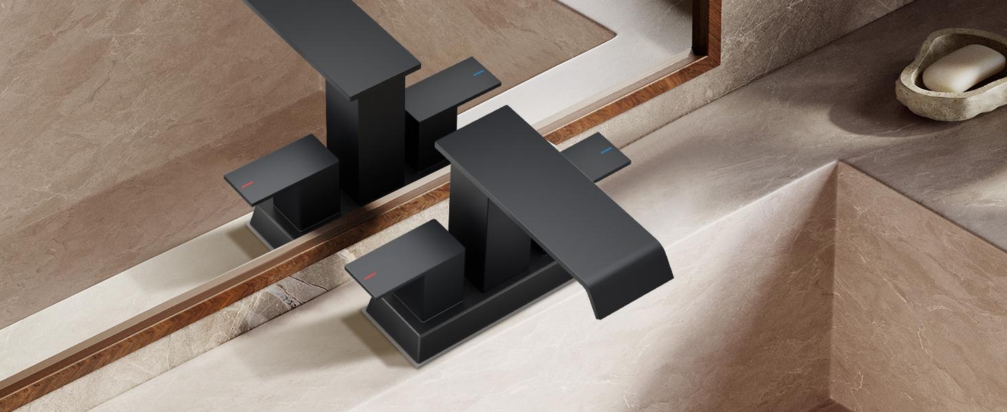 FORIOUS Waterfall Bathroom Faucets 3 Hole or 2 Hole, Centerset Faucet 4 Inch with Pop Up Drain and Hose, Faucet for Bathroom Sink Vanity RV 2 Handle