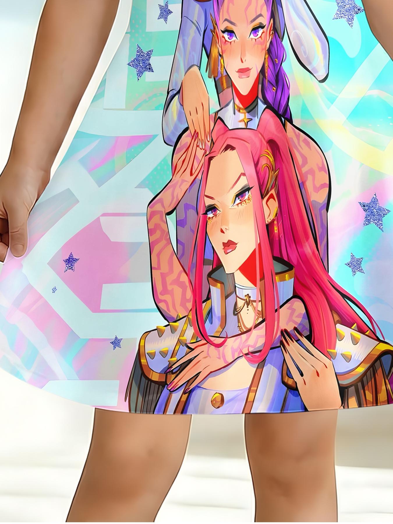 Girls Holographic Gradient Anime Girl Group Print Dress, Kids Crew Neck Short Sleeve A-Line Princess Skirt, Casual Summer Skirt for Big Kids